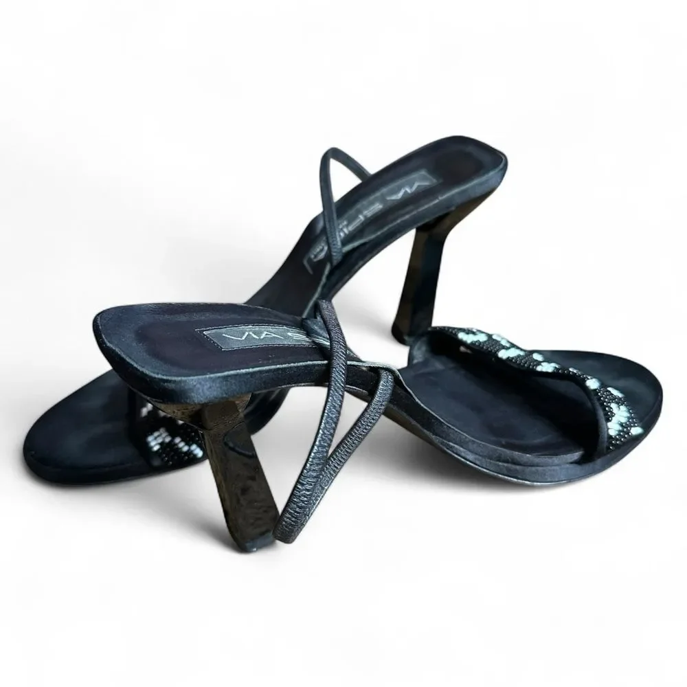 Via Spiga Black Beaded Slingback Heels 7.5M Open Toe Evening Sandals Italy